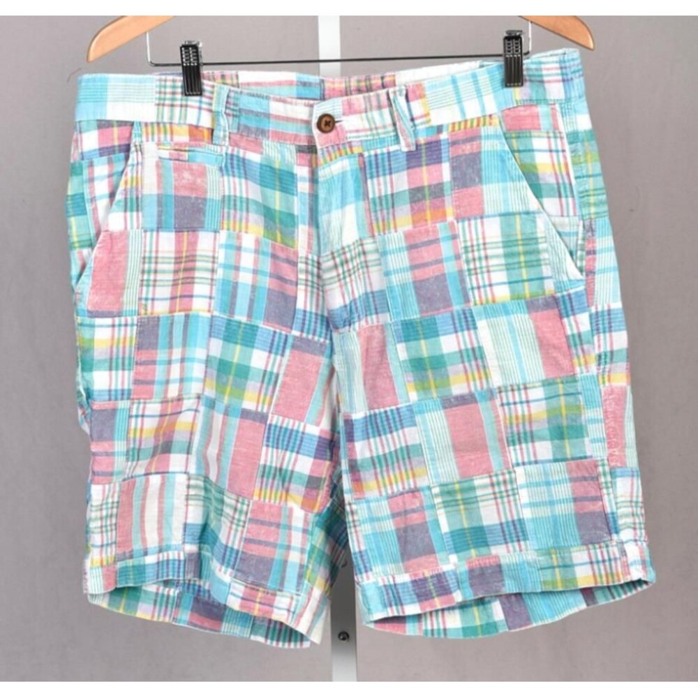 Charleston Threads, Distressed Patchwork Men's Plaid Shorts Size 36